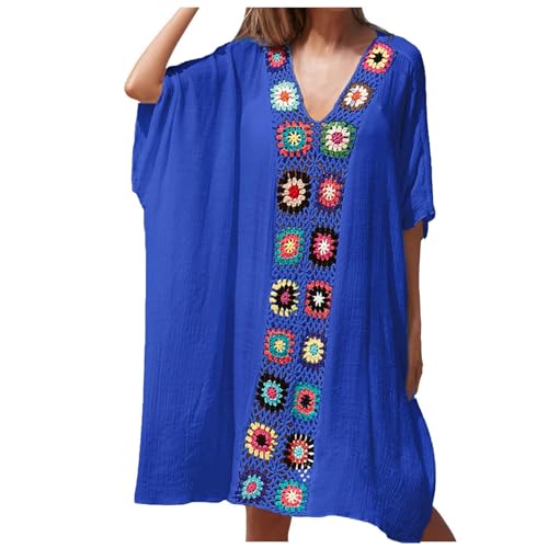 Nlaayong Damen Gestrickter Häkel Blume V-Ausschnitt Sommerkleid Strandkleid Strandponcho Sommer Strand Cover Up von Nlaayong