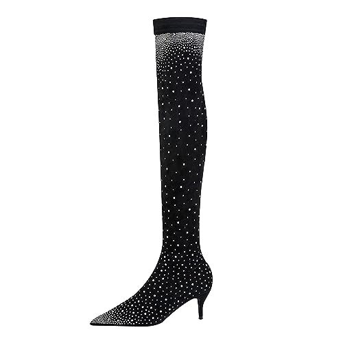 Nlaayong Glitzer Schuhe,Damen-Stretch-Strassstiefel Glitzernde Overknee-Stiefel Strass-Stretch-Sockenstiefel All Over Diamond Pointy Toe Oberschenkel Hohe Stiletto-Absatz-Booties Glitzer von Nlaayong