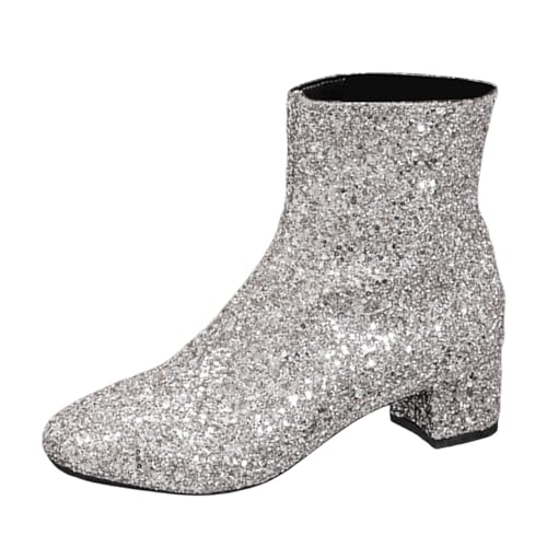 Nlaayong Glitzerschuhe für Damen,Damen Chunky Heels Ankle Boots Glitzer Stiefeletten mit Blockabsatz und Reißverschluss Absatz Pailletten Schuhe von Nlaayong