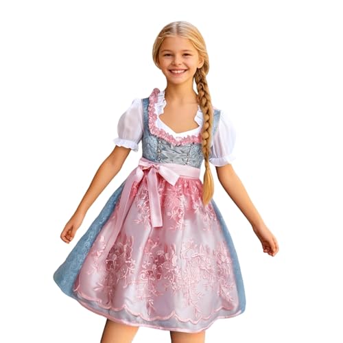 Nlaayong Kinderdirndl – Kinder Dirndl hellblau pink weiß Bluse 3 teilig – traditionelles Trachtenkleid für Mädchen von Nlaayong