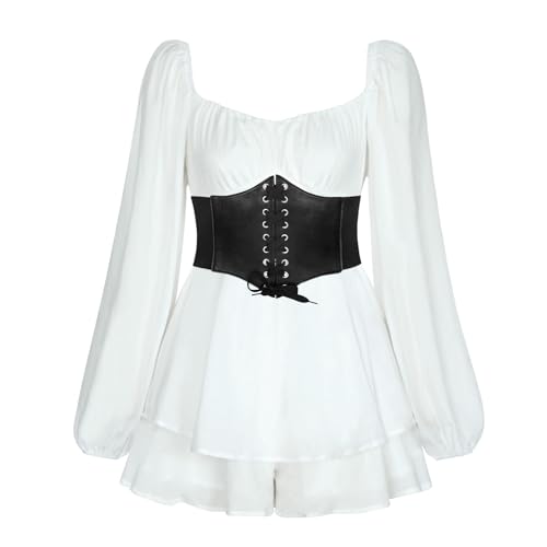 Piratenkostüm Damen Korsett Renaissance Viktorianische Off Shoulder Kleid Kurz Jumpsuit Piratinkleid Weiß A-Linie-Kleid Trägerloses, Knielange Patchwork-Kleid Strandkleid Party Karneval Piratenkostüm von Nlaayong