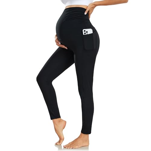 Nlieanuc Damen Umstandsleggings mit Taschen Hohem Bund Umstandsmode Schwangerschaftsleggings Elastisch Schwangerschaftshose Maternity Leggings für Schwangere Umstandskleid Blickdicht von Nlieanuc