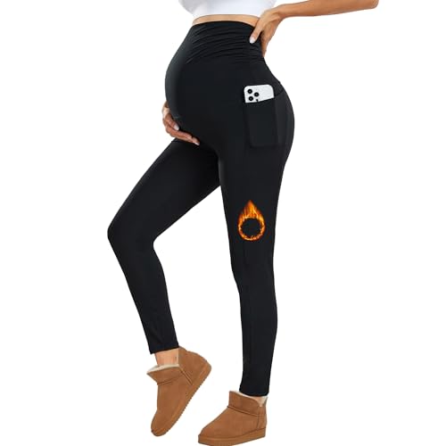 Nlieanuc Damen Umstandsleggings mit Taschen Hohem Bund Umstandsmode Schwangerschaftsleggings Elastisch Schwangerschaftshose Maternity Leggings für Schwangere Umstandskleid Blickdicht von Nlieanuc
