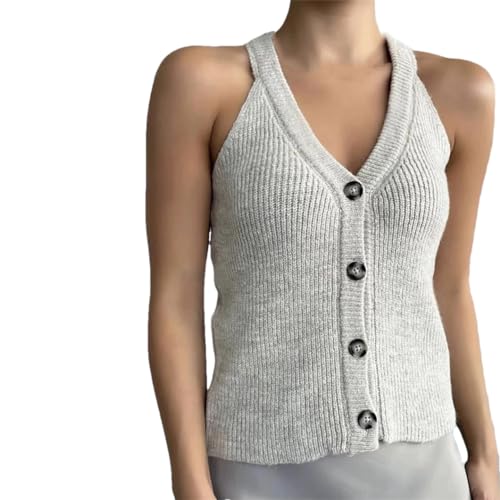 Damen Strickweste Ärmellos Cardigan V-Ausschnitt Jacke Schnürpullover, O, S von Nlievara