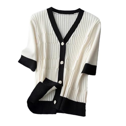Nlievara Damen Kaschmir Cardigan V-Ausschnitt Kurzarm Weiß Schwarz Patchwork Cardigan, weiß, XL von Nlievara