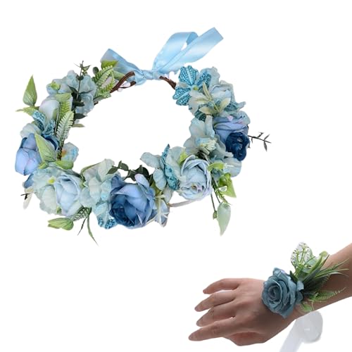 Nlqhyrexion Blumenkranz Haare Blau, Blumen Haarreif Damen, Blumenkranz Kopfschmuck und Künstliche Handgelenkblume Armband, Blume Krone Stirnband für Hochzeit/Foto/Frühling und Sommer Nlqhyrexion Blumenkranz Haare Blau, Blumen Haarreif Damen, Blumenkranz Kopfschmuck und Künstliche Handgelenkblume Armband, Blume Krone Stirnband für Hochzeit/Foto/Frühling und Sommer von Nlqhyrexion