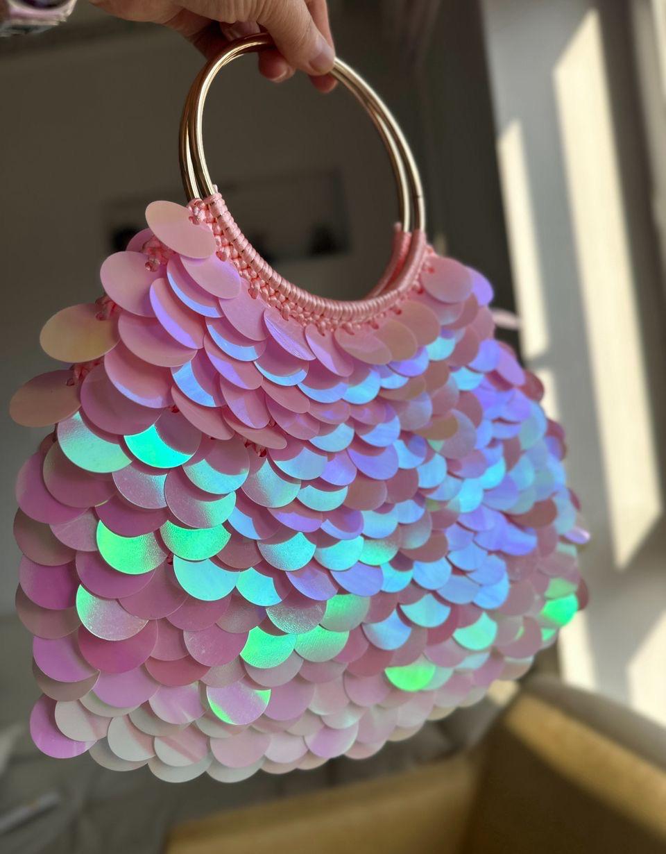 Handgemachte Pinke Pailletten Tasche - Irisierende Meerjungfrau Geldbörse Statement Abendtasche Party Clutch Mit Goldenen Metallgriffen von NmnBagWorld