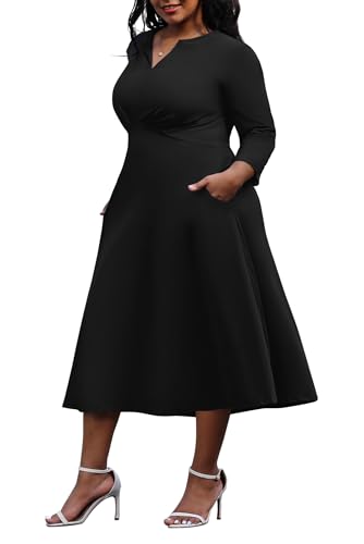 Nmoder Damen Übergröße Dehnbar Ausgestelltes Wickelkleid Casuel Hochzeit Gast Arbeit Midi Kleider V-Ausschnitt 3/4 Ärmel A-Linie Swing, 001-black, X-Groß von Nmoder