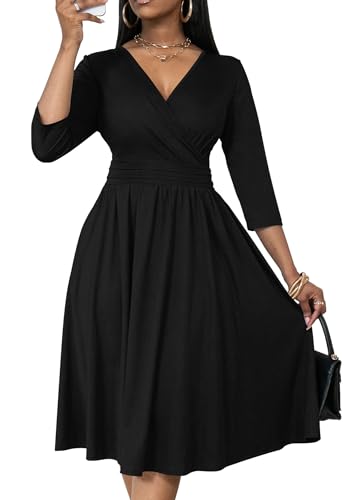 Nmoder Damen Wickelkleid Cocktail Kirche Hochzeit Midikleid A-Linie V-Ausschnitt 3/4 Ärmel Freizeitkleider mit Taschen, Schwarz, XX-Large von Nmoder
