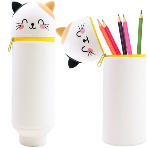 Nnicorns 2-in-1 Silikon Kawaii Federmäppchen, Weiche Silikontasche, Kawaii Federmäppchen, Federtasche aus weichem Silikon für Stifte (Katze, weiß) von Nnicorns