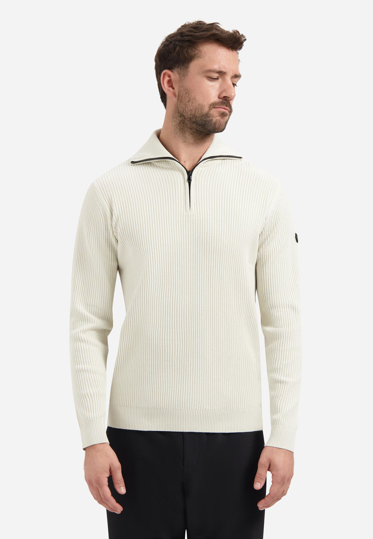 No Excess - Pullover Half Zip Wing Collar Tuck Stitch chalk - Gr. - L von No Excess