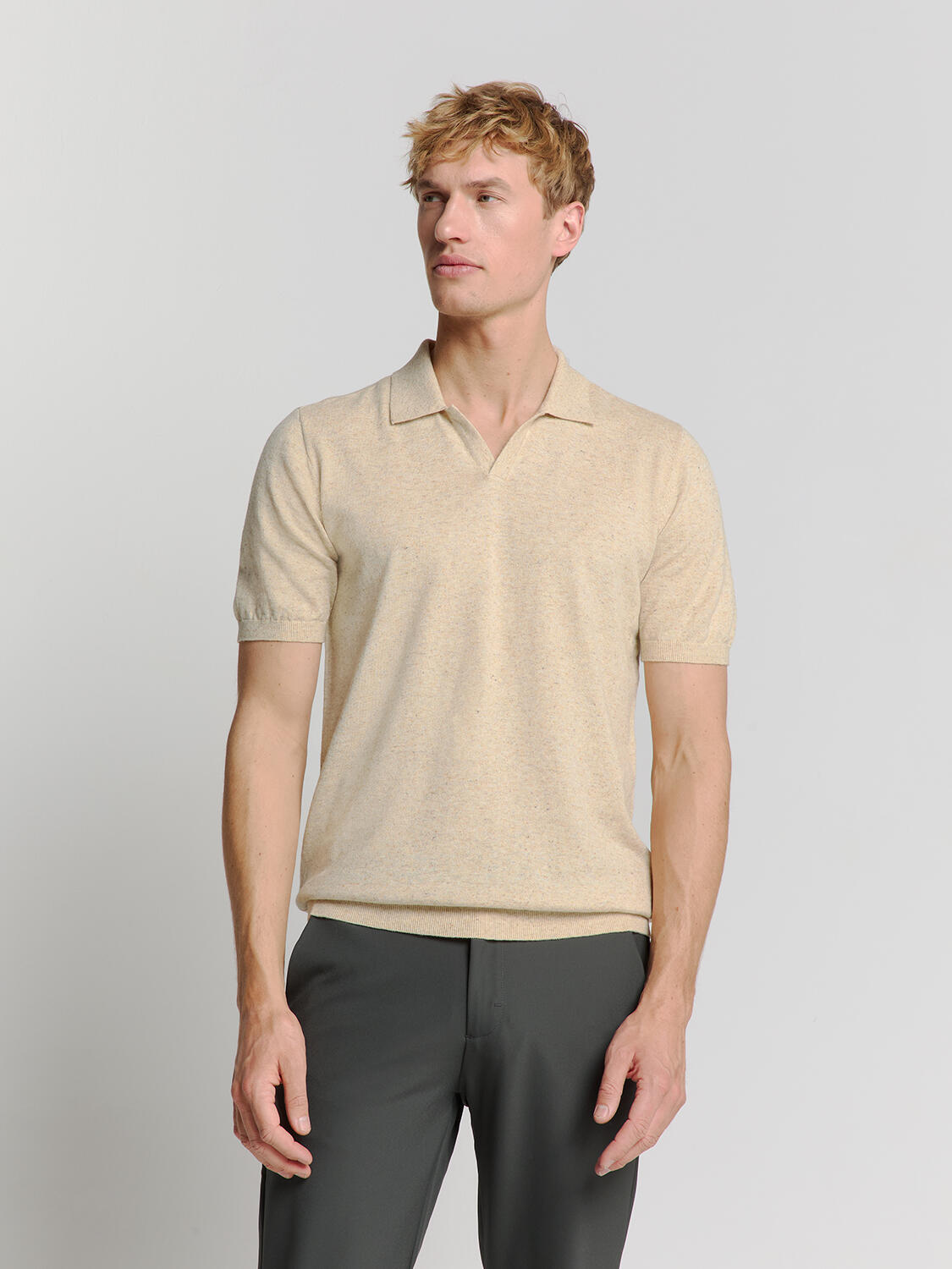 No Excess - Pullover Short Sleeve Polo V Melange With Linen sand - Gr. - XL von No Excess