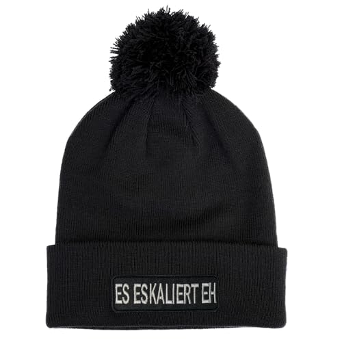 No Face No Name Wintermütze Es Eskaliert Eh in schwarz mit Bommel I Unisex I bestickter Aufnäher I Bommelmütze Mütze Beanie Strickmütze von No Face No Name