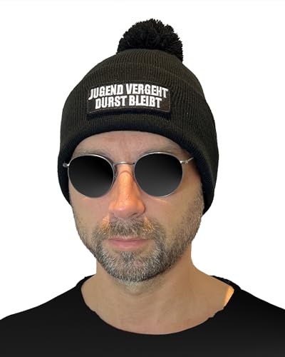 No Face No Name Wintermütze Jugend vergeht Durst bleibt in schwarz mit Bommel I Unisex I bestickter Aufnäher zum wechseln I Bommelmütze Mütze Beanie Strickmütze von No Face No Name