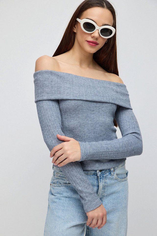 No Matter What Blusentop Blaue schulterfreie Langarm-Damenbluse mit tailliertem Schnitt von No Matter What