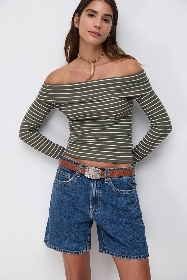No Matter What Blusentop Gestreifte Körperbetonte Bluse mit Offenen Schultern von No Matter What