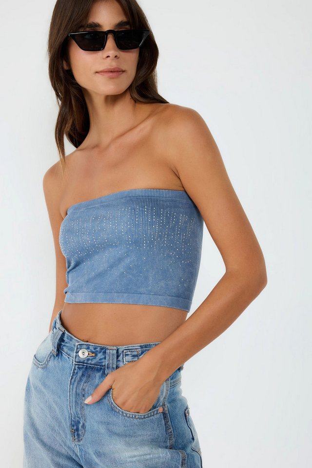 No Matter What Kurzarmbody Indigo Säurestein Nahtloses Bandeau von No Matter What