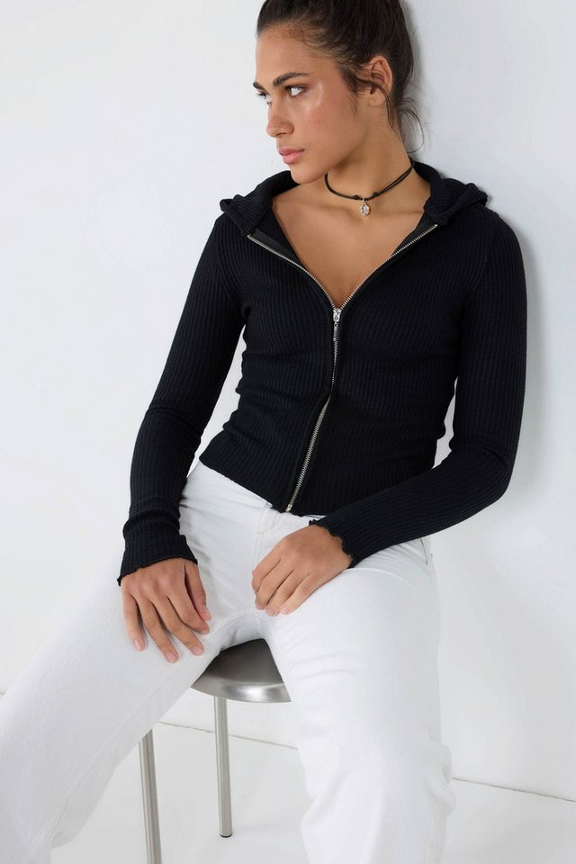 No Matter What Cardigan Schwarze Kapuzen-Zip-Strickjacke von No Matter What
