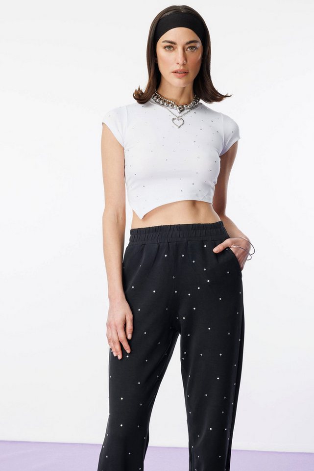 No Matter What Crop-Top Kurzer Bodysuit mit asymmetrischem Schnitt und Stickereien in Stein von No Matter What