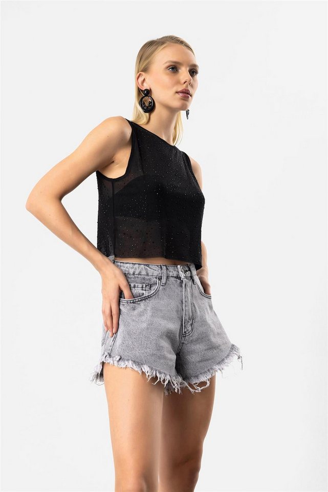 No Matter What T-Shirt Ärmelloses Tüll-T-Shirt mit glänzendem Steinbesatz von No Matter What