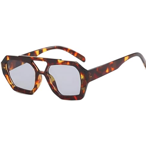 No Name Ltd Sonnenbrille mit Leopardenmuster, Retro-Stil, Promi-Chic, hellblaue, durchscheinende Gläser, achteckiger geometrischer Rahmen, Doppelbrücke, übergroß, leicht getönt, UK 2024, leopard von No Name Ltd