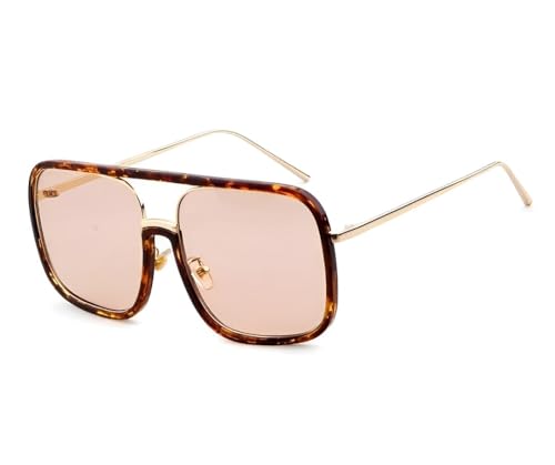 No Name Ltd Übergroße Celeb Leopard Print Schildpatt-Sonnenbrille für Frauen, rechteckiger dünner goldener Rahmen, braun getönte Gläser, UV400-Schutz, modische Brille für 2025, türkis von No Name Ltd