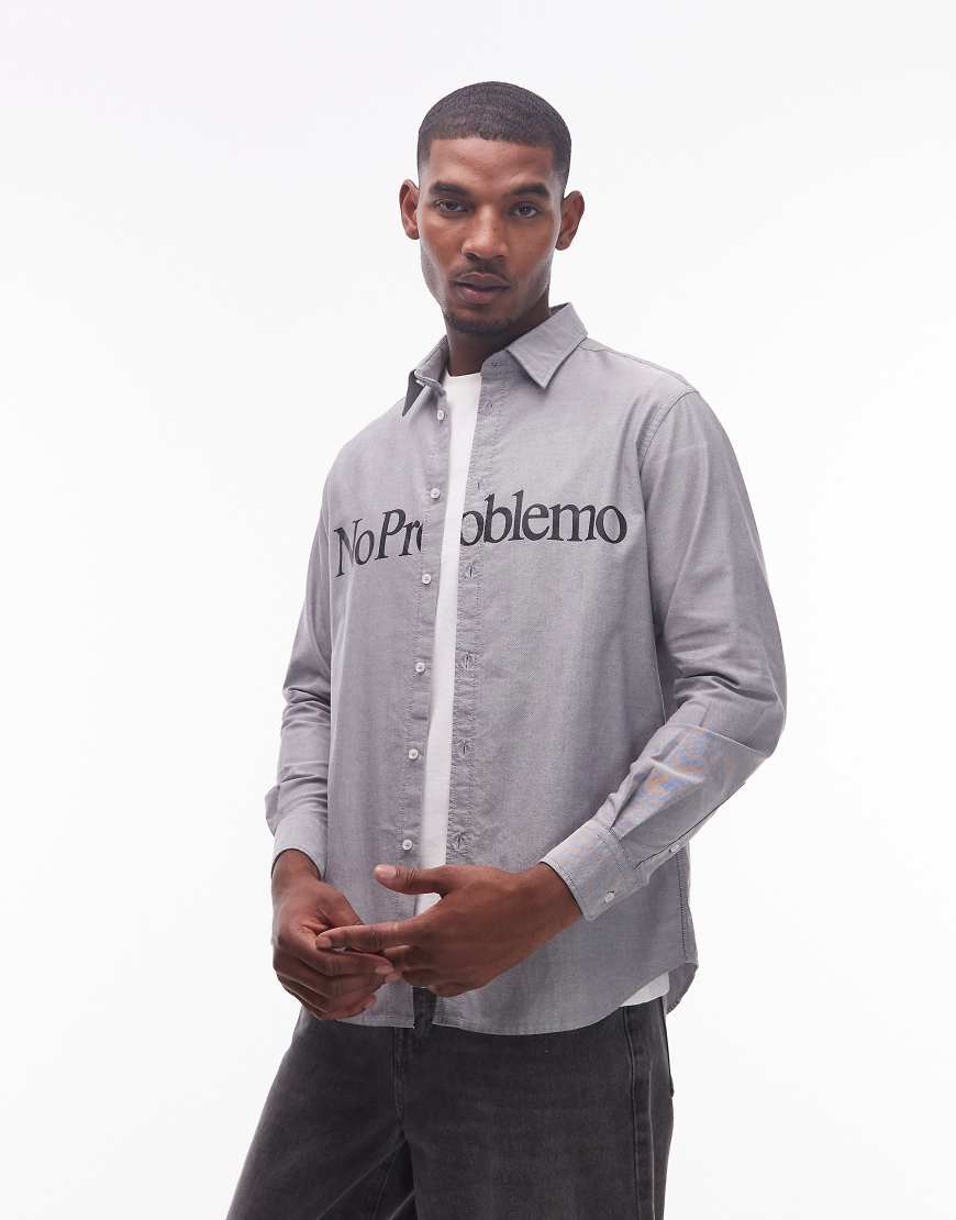 No Problemo - Langärmliges Oxford-Hemd aus Baumwolle in Grau mit Logo-Blau von No Problemo