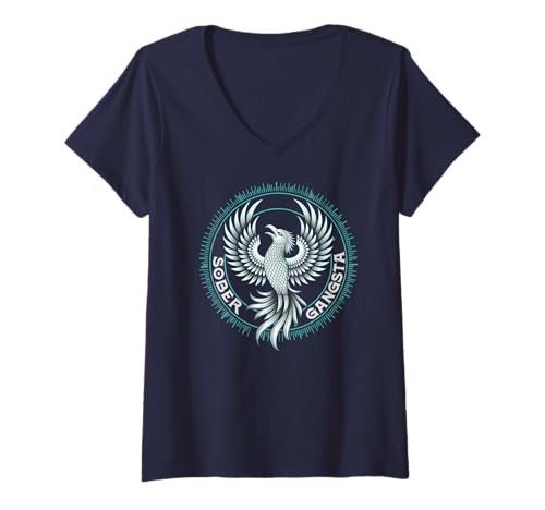 Damen Süße Nüchternde Gangsta Nobriety Mama AA Phoenix Bird Strong NA T-Shirt mit V-Ausschnitt von No Shame In My Recovery Game Drug-Free Gangster