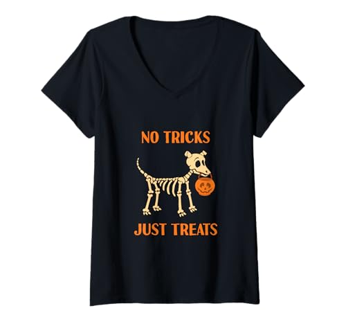 Damen No Tricks Just Treats Süßes Halloween Hund Skelett Lustiger Hund T-Shirt mit V-Ausschnitt von No Tricks Just Treats Cute Halloween Dog Apparel