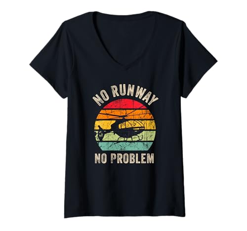 Damen Keine Landebahn, kein Problem Lustiger Hubschrauberpilot im Retro-Look T-Shirt mit V-Ausschnitt von No runway no problem Co