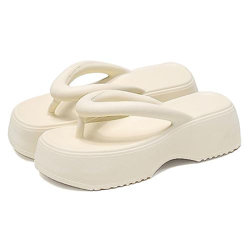 No.6 JCZJANA Damen Plateau Flip Flops Casual Wedges Sandalen mit Fußgewölbeunterstützung Sommer Chunky Heels Slides Strand Thong Hausschuhe, Beige, 6 Narrow von No.6 JCZJANA