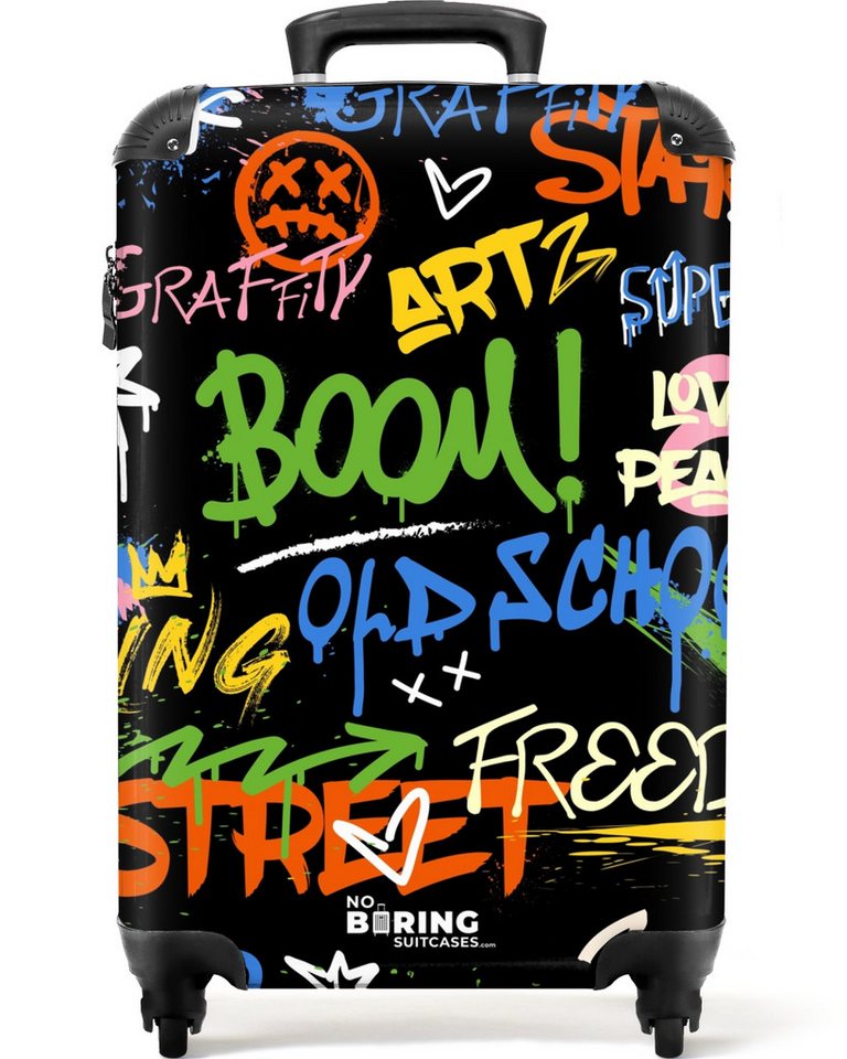 NoBoringSuitcases.com© Hartschalen-Trolley Abstraktes Graffiti-Kunstwerk mit Text und Spritzern 55x35x20cm, 4 Rollen, Reisetasche mit Rollen, Koffer Handgepäck Flugzeug von NoBoringSuitcases.com©
