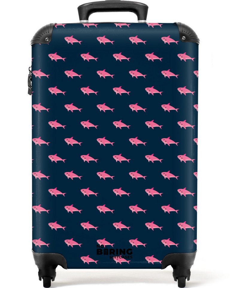 NoBoringSuitcases.com© Hartschalen-Trolley Blau mit rosa Hai-Aufdruck 55x35x20cm, 4 Rollen, Reisekoffer mit 4 Rollen, Carry on luggage, Männer von NoBoringSuitcases.com©