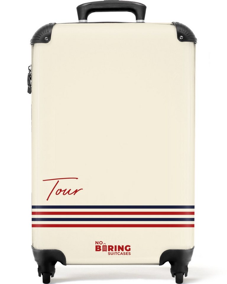 NoBoringSuitcases.com© Hartschalen-Trolley Cremefarbener Hintergrund mit rotem Text und dreifarbigem Streifen am, 4 Rollen, Reisekoffer mit 4 Rollen, Carry on luggage, Männer von NoBoringSuitcases.com©