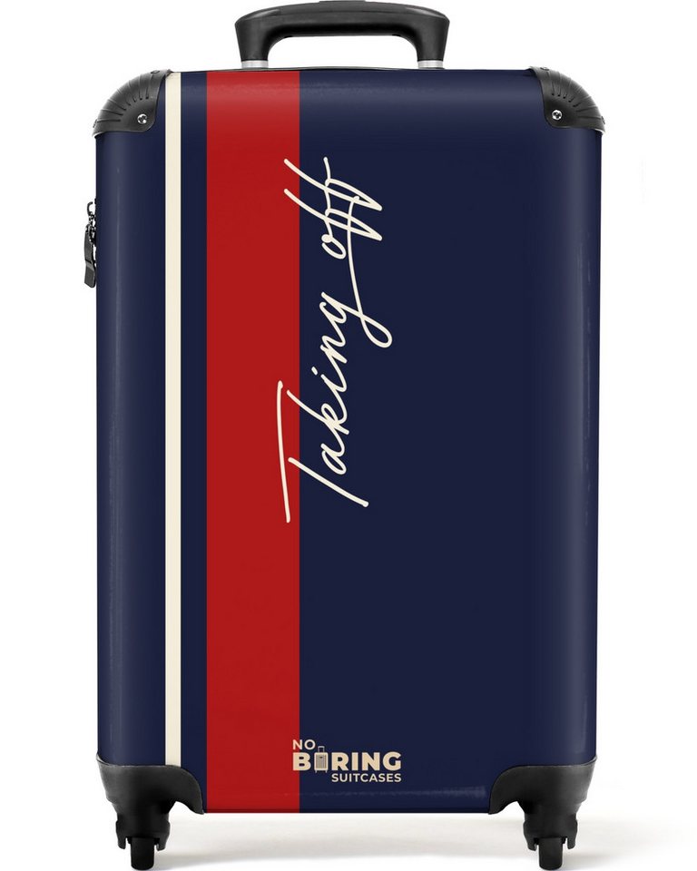 NoBoringSuitcases.com© Hartschalen-Trolley Dunkelblauer Hintergrund mit rotem und weißem Streifen und Text Taking, 4 Rollen, Reisekoffer mit 4 Rollen, Carry on luggage, Männer von NoBoringSuitcases.com©