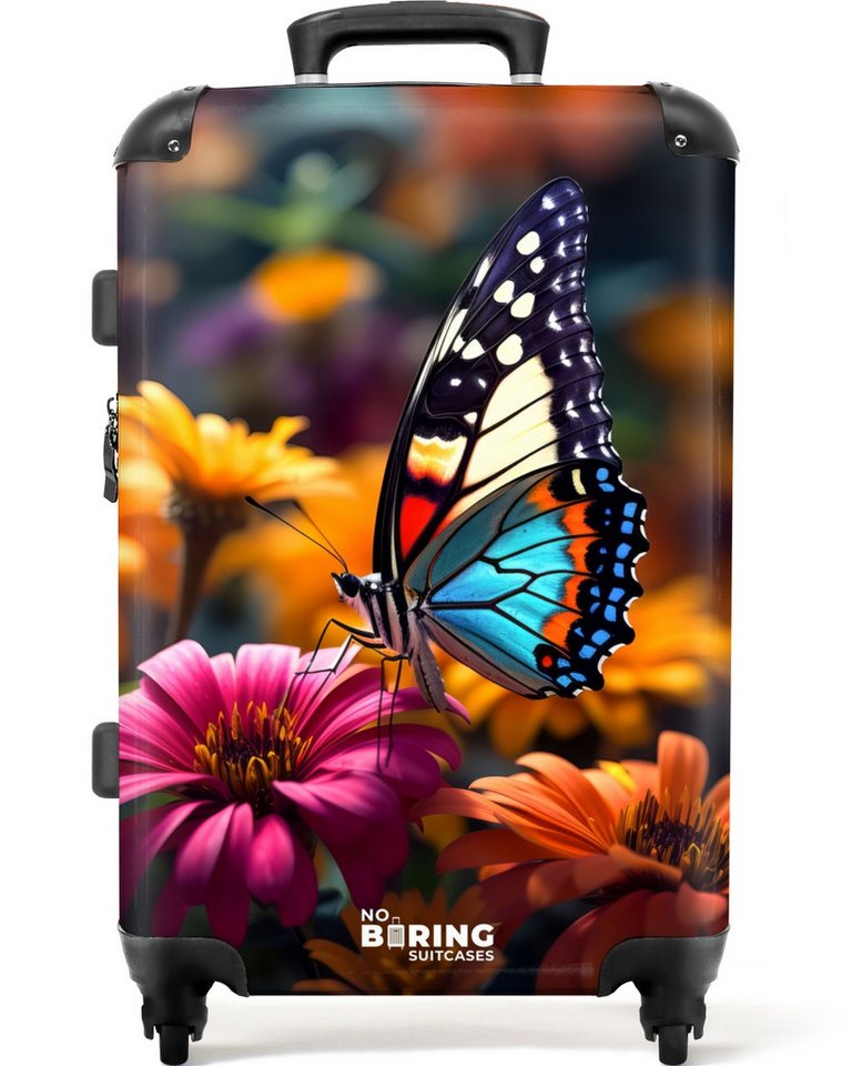NoBoringSuitcases.com© Hartschalen-Trolley mit leuchtende Räder - Schmetterling auf bunten Blumen 67 cm - 72 L, 4 Rollen, Koffer Mittelgroß für 20kg, Suitcase für Erwachsene, Reisekoffer von NoBoringSuitcases.com©
