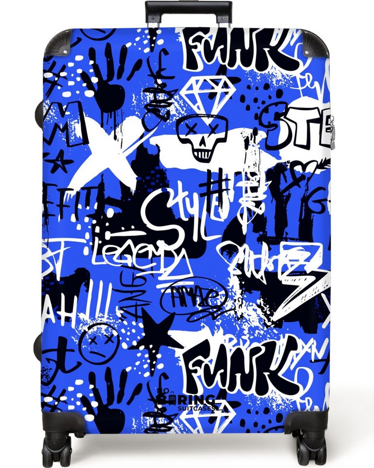 NoBoringSuitcases.com© Hartschalen-Trolley Schwarzes und weißes Graffiti auf blauem Hintergrund 77 cm - 98 L, 8 Rollen, Großer Reisetasche mit Rollen für 30kg, Kinderkoffer von NoBoringSuitcases.com©