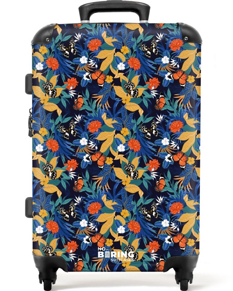 NoBoringSuitcases.com© Hartschalen-Trolley Tropisches Schmetterlingsmuster dunkelblau 67 cm - 72 L, 4 Rollen, Mittelgroßer Reisetasche mit Rollen für 20kg, Kinderkoffer von NoBoringSuitcases.com©