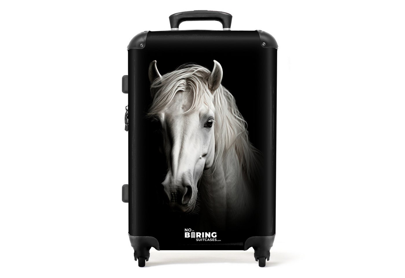 NoBoringSuitcases.com© Hartschalen-Trolley Weißes Pferd Porträt auf schwarzem Hintergrund 67 cm - 72 L, 4 Rollen, Koffer Mittelgroß für 20kg, Suitcase für Erwachsene, Reisekoffer von NoBoringSuitcases.com©