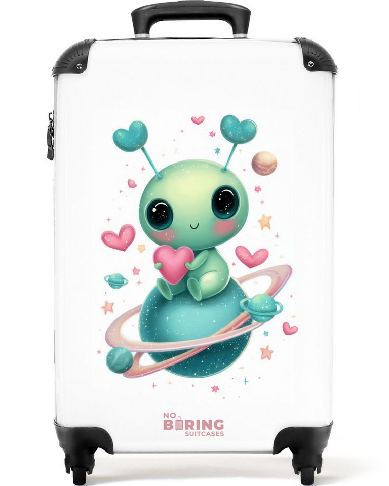 NoBoringSuitcases.com© Kinderkoffer Alien hält ein Herz auf einem Planeten 55x35x20cm, 4 Rollen, Kinder Koffer Klein, Trolley Handgepäck, Reisekoffer von NoBoringSuitcases.com©