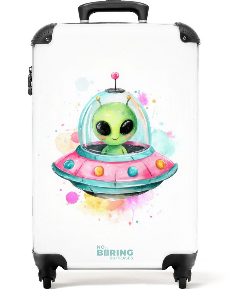 NoBoringSuitcases.com© Kinderkoffer Alien in einem bunten UFO 55x35x20cm, 4 Rollen, Kinder Koffer Klein, Trolley Handgepäck, Reisekoffer von NoBoringSuitcases.com©