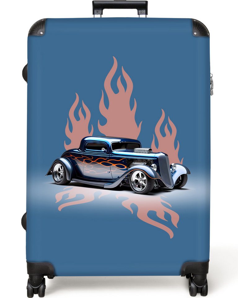 NoBoringSuitcases.com© Kinderkoffer Auto - Blau - Flammen - Vintage 77 cm - 98 L, 8 Rollen, Reisekoffer mit Rollen Großer für 30kg, Jungenkoffer von NoBoringSuitcases.com©