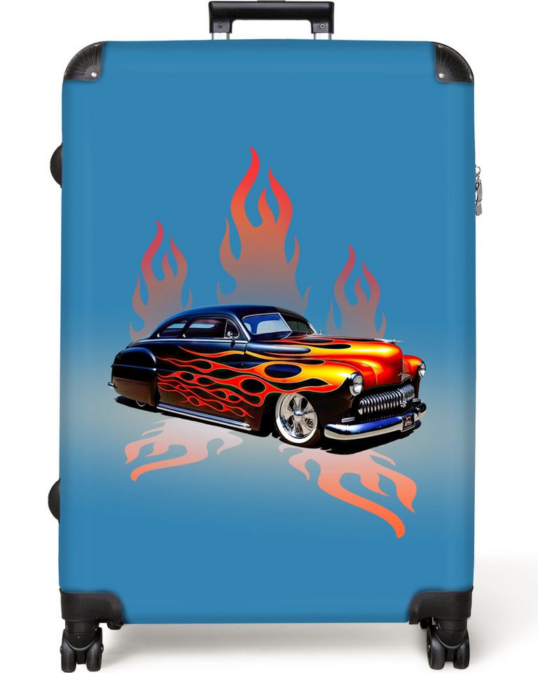 NoBoringSuitcases.com© Kinderkoffer Auto - Flammen - Feuer - Blau - Vintage 77 cm - 98 L, 8 Rollen, Reisekoffer mit Rollen Großer für 30kg, Jungenkoffer von NoBoringSuitcases.com©