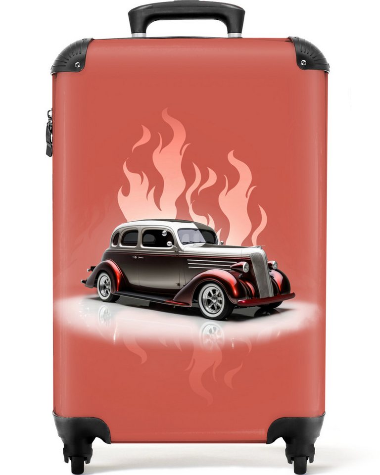 NoBoringSuitcases.com© Kinderkoffer Auto - Rosa - Vintage - Flammen 55x35x20cm, 4 Rollen, Handgepäck Koffer, Hartschalenkoffer Kinder, Reisekoffer Jungen von NoBoringSuitcases.com©