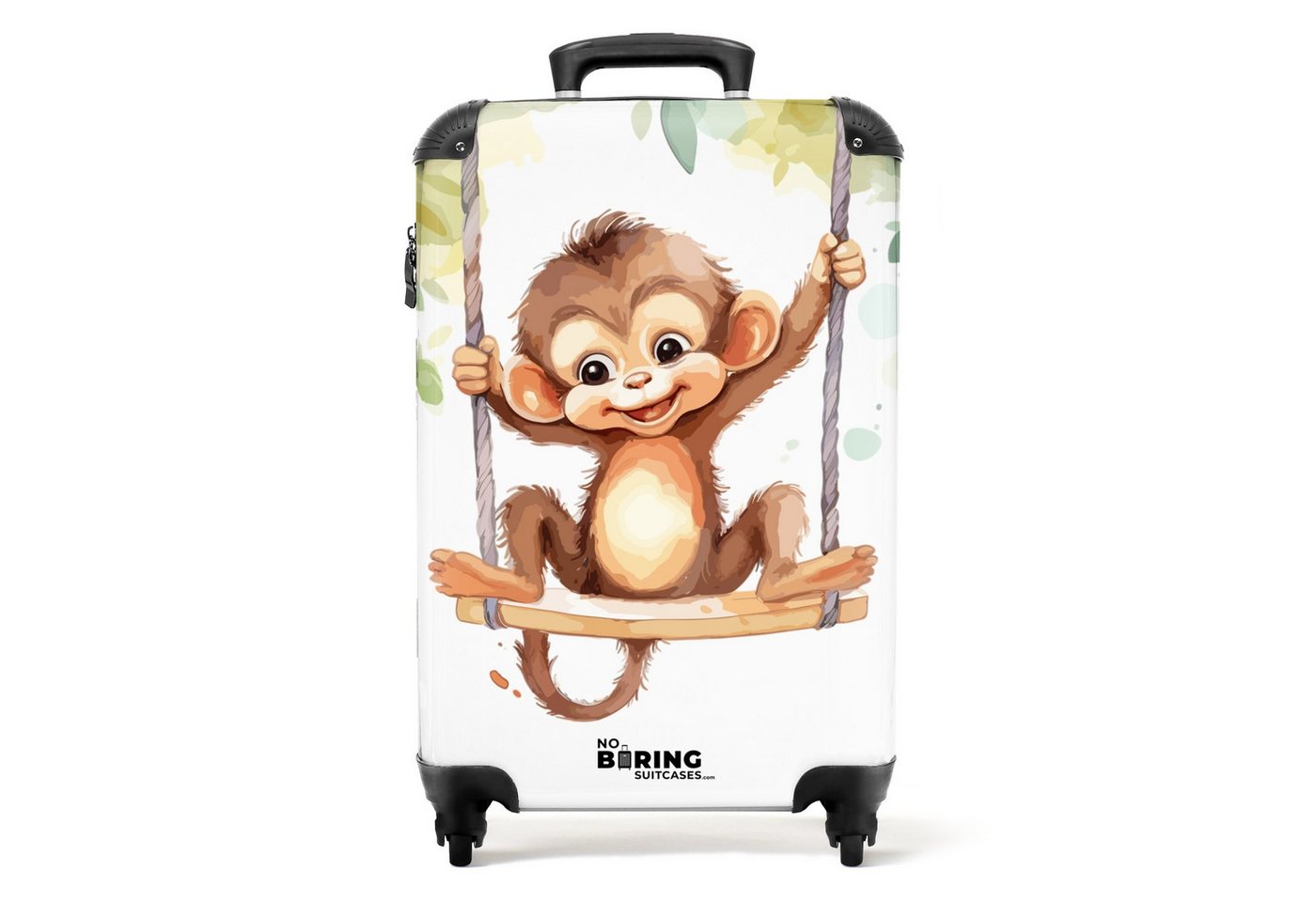 NoBoringSuitcases.com© Kinderkoffer mit leuchtende Räder - Baby - Fröhlicher Affe auf einer Schaukel Illus, 4 Rollen, Mittelgroßer Reisetasche mit Rollen für 20kg, Kinderkoffer von NoBoringSuitcases.com©