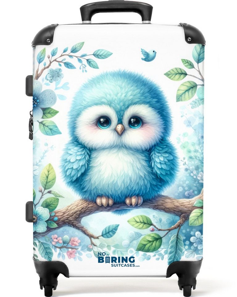 NoBoringSuitcases.com© Kinderkoffer Blaues Eulenjunges auf Ast 67 cm - 72 L, 4 Rollen, Reisekoffer mit Rollen Mittelgroßer für 20kg, Jungenkoffer von NoBoringSuitcases.com©
