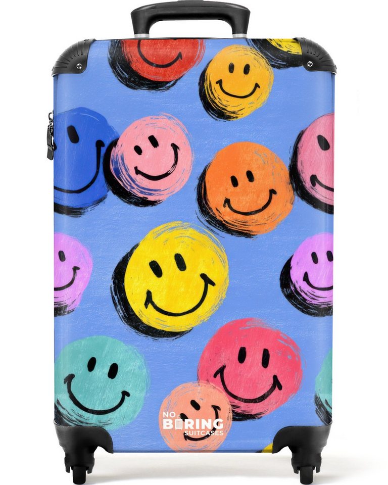 NoBoringSuitcases.com© Kinderkoffer Bunte Smiley-Gesichter auf blauem Hintergrund 55x35x20cm, 4 Rollen, Kinder Koffer Klein, Trolley Handgepäck, Reisekoffer von NoBoringSuitcases.com©