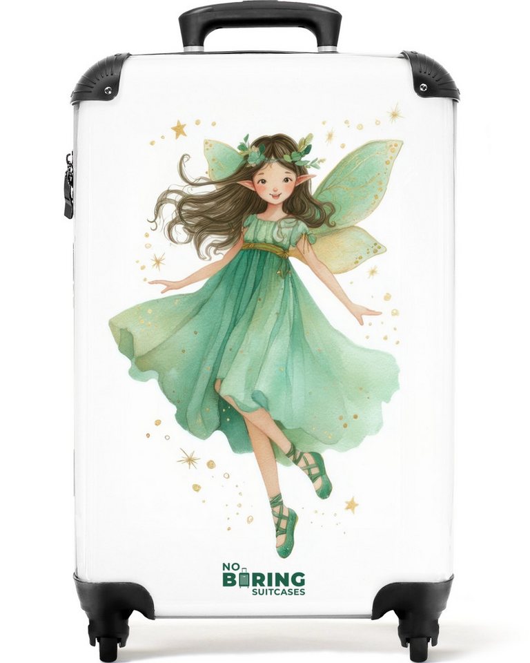 NoBoringSuitcases.com© Kinderkoffer Elfe mit braunem Haar und grünem Kleid 55x35x20cm, 4 Rollen, Kinder Koffer Klein, Trolley Handgepäck, Reisekoffer von NoBoringSuitcases.com©