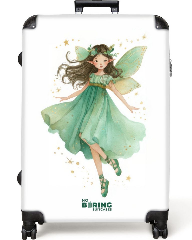 NoBoringSuitcases.com© Kinderkoffer Elfe mit braunem Haar und grünem Kleid 77 cm - 98 L, 8 Rollen, Großer Reisetasche mit Rollen für 30kg, Kinderkoffer von NoBoringSuitcases.com©