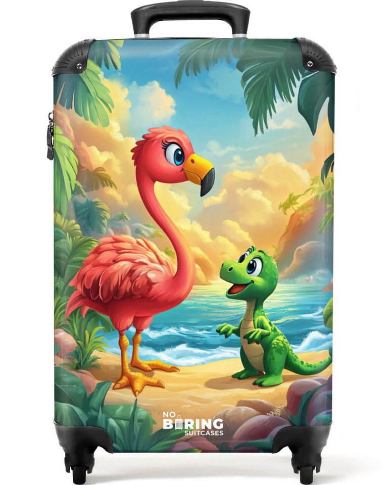 NoBoringSuitcases.com© Kinderkoffer Flamingo und Dinosaurier am Strand bei Sonnenuntergang 55x35x20cm, 4 Rollen, Kinder Koffer Klein, Trolley Handgepäck, Reisekoffer von NoBoringSuitcases.com©